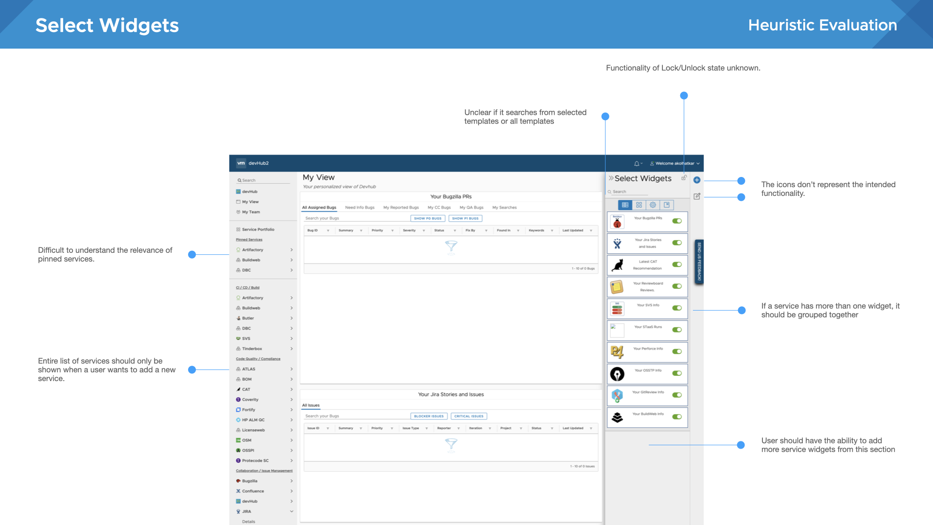 Heuristic audit findings showing usability issues